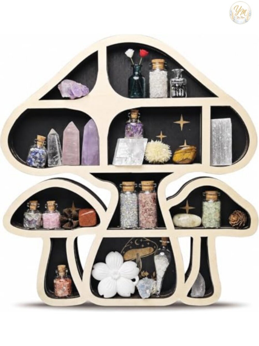 Mushroom Floating Shelf Wall Mount Crystal Display Organizer Wood